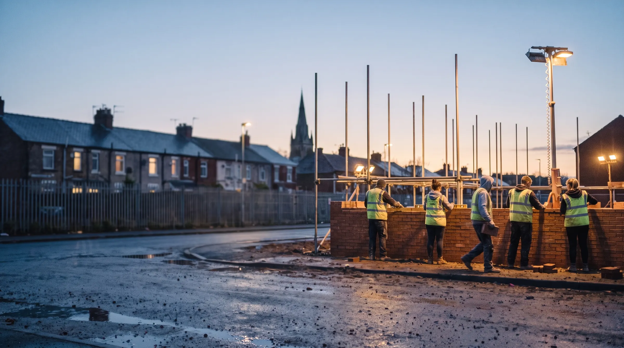 The same building site at 07:30 on Monday: five bricklayers in hi-vis have started work on the wall.
